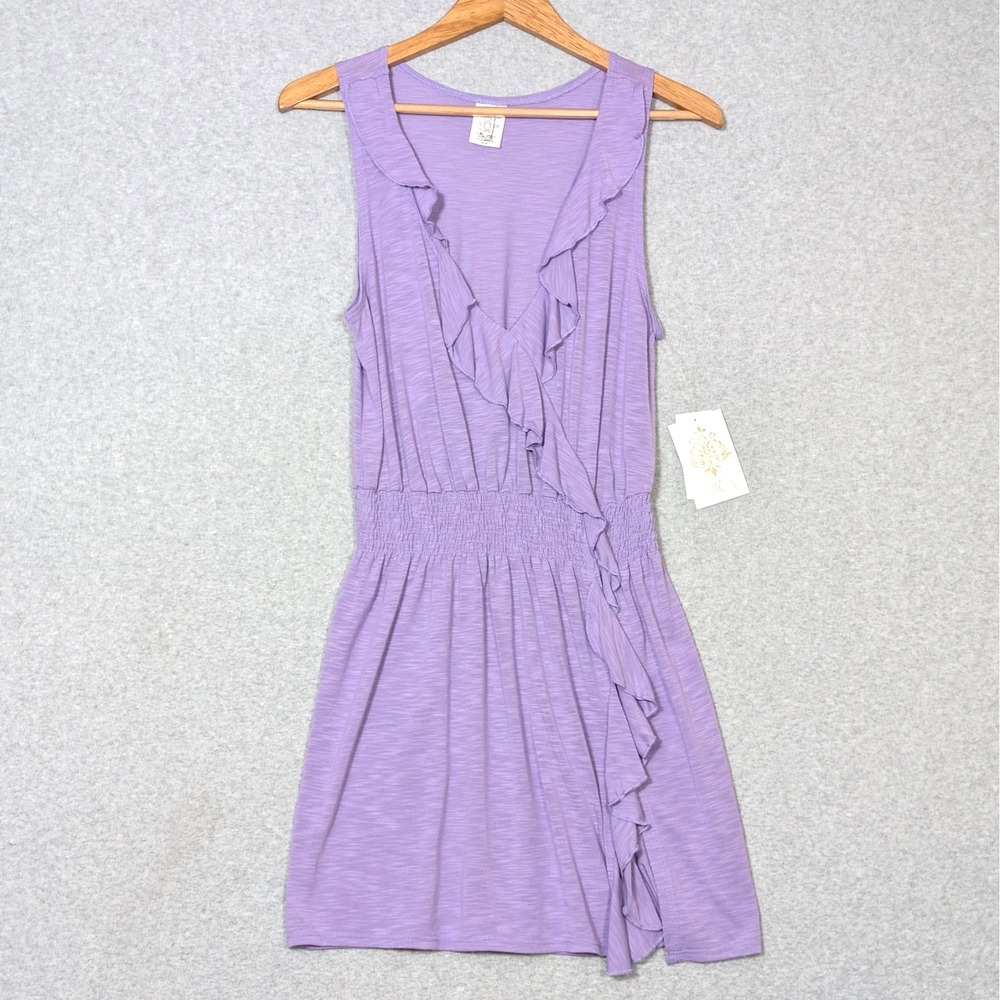 BECCA Wrap Over Dress Size Medium Smocked Waist Violet Ruffle New